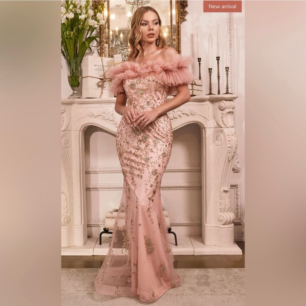 CINDERELLA DIVINE Pink Rose
Gold Glitter Fit & Flare Gown
Tulle Shoulders 8